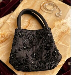 Vintage Sasha Black Satin Beaded Floral Evening Bag Y2K Glam Whimsigoth Coquette